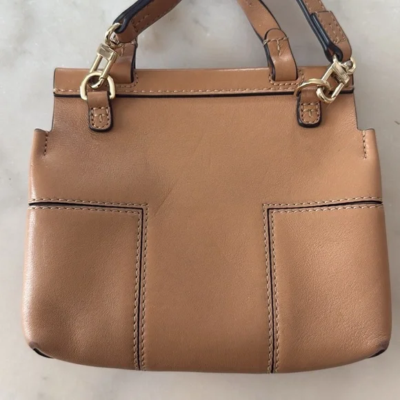 Tory Burch Block  T Mini Satchel Bag Light Tan Leather Handbag Top Handle 2 Ways - Picture 14 of 17